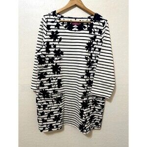 Joules Womans Floral Long Top Size 14 Striped 3/4 Sleeve Old Money Pockets Artsy